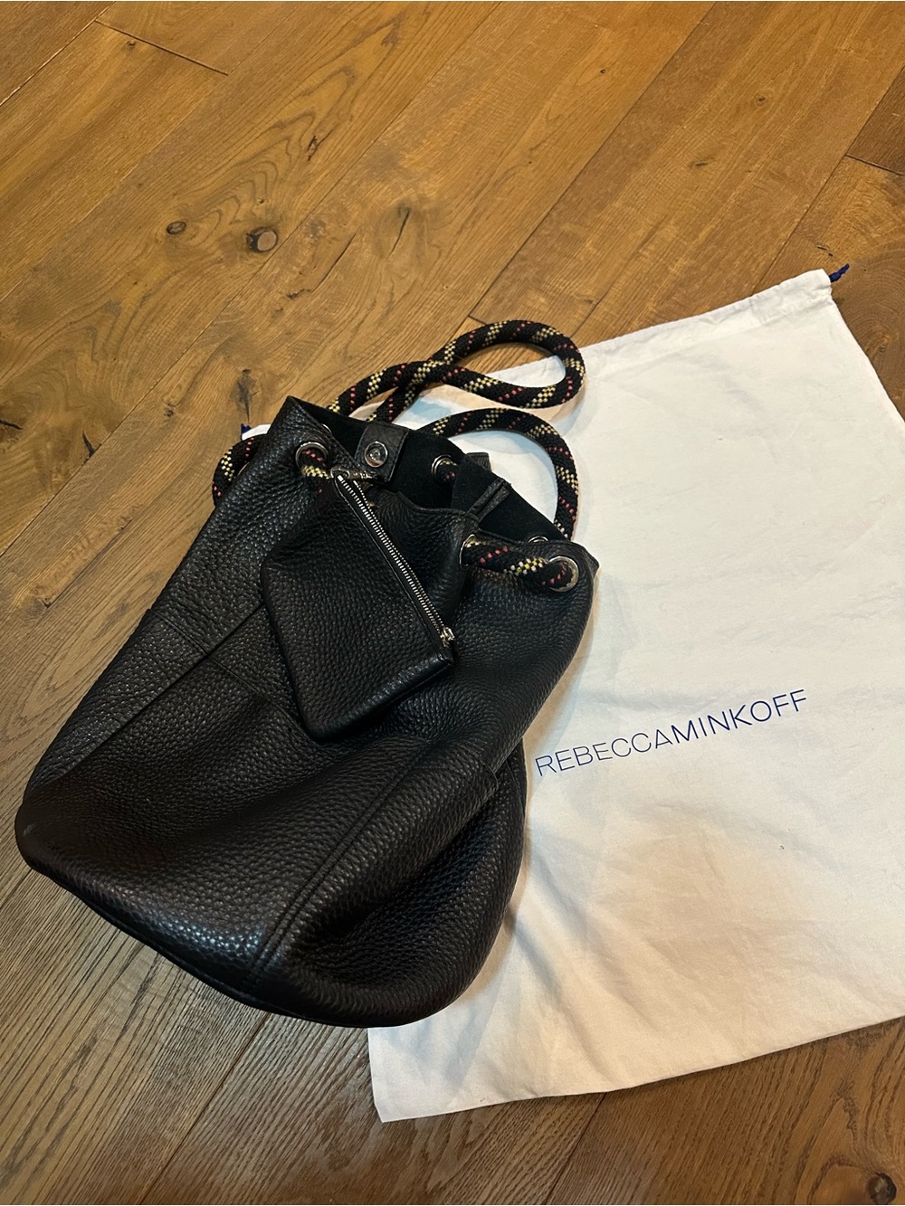 Rebecca Minkoff Black Drawstring Leather Backpack Bucket Bag